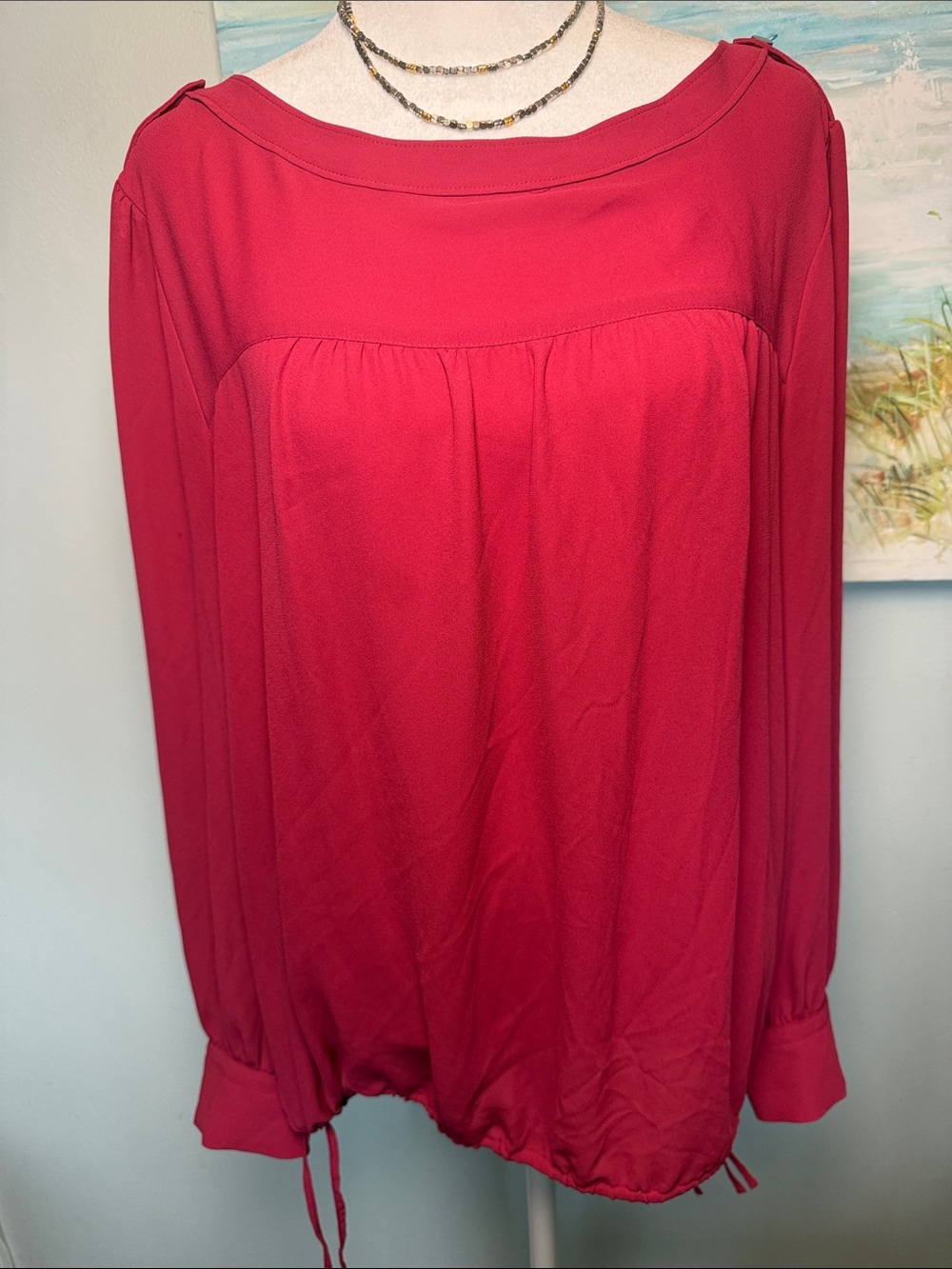 LOFT Deep Pink Long-Sleeve Boatneck Peasant Top